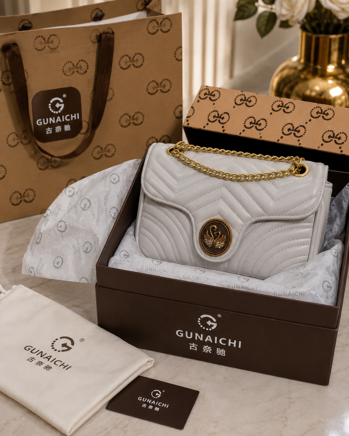 Pearl Grey Quilted Chain Bag