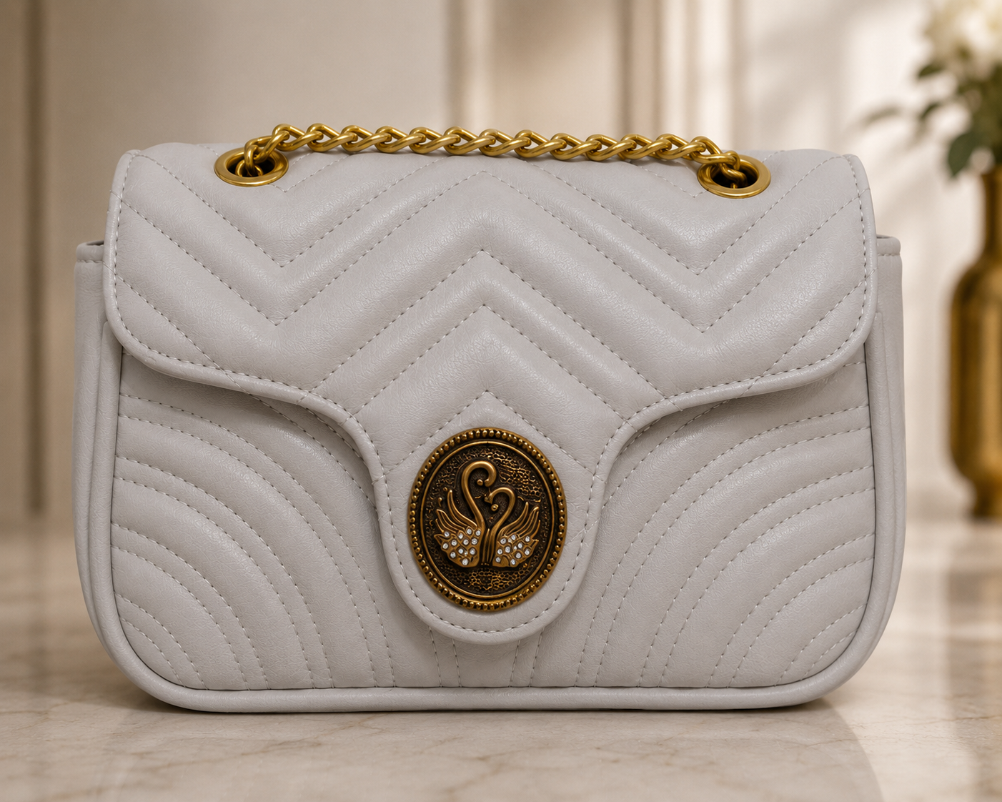 Pearl Grey Quilted Chain Bag
