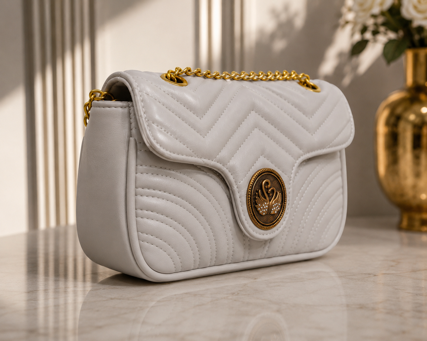 Pearl Grey Quilted Chain Bag