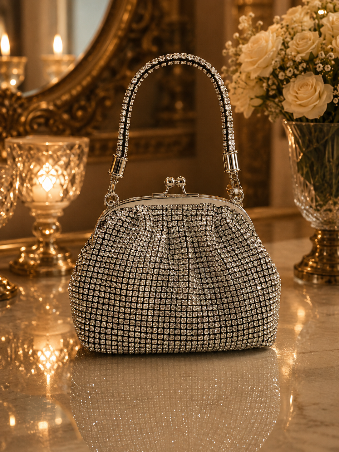 Luxury Crystal Evening Clutch with Handle & Chain | Velour Vault