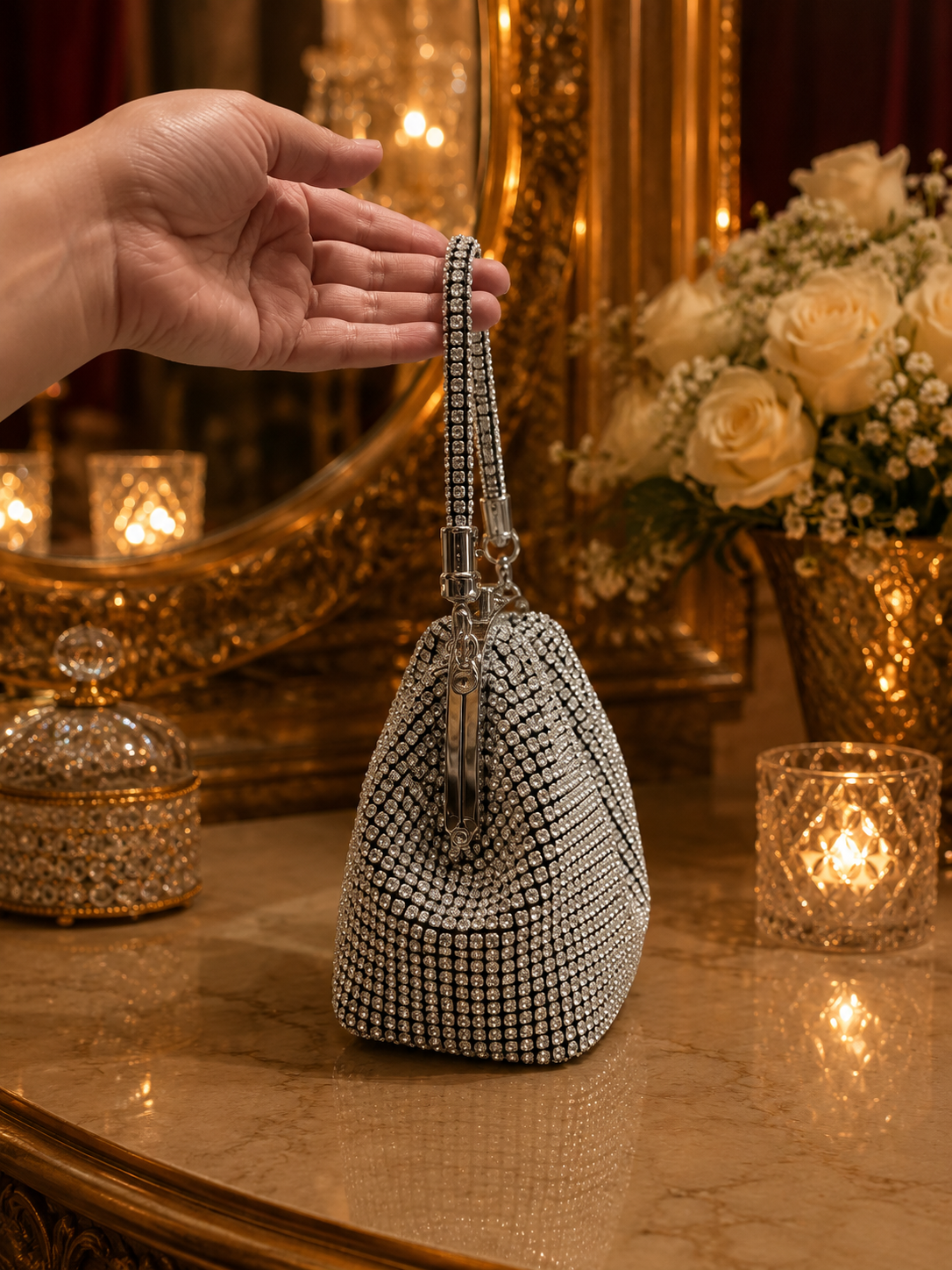 Luxury Crystal Evening Clutch with Handle & Chain | Velour Vault