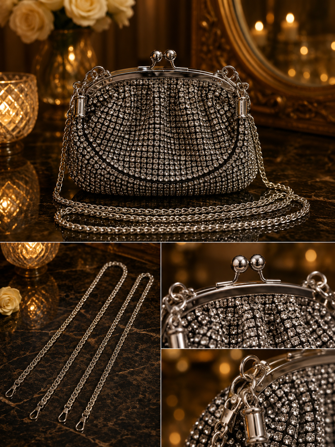 Luxury Crystal Evening Clutch with Handle & Chain | Velour Vault