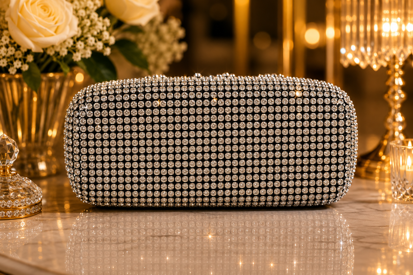 Luxury Crystal Evening Clutch with Handle & Chain | Velour Vault