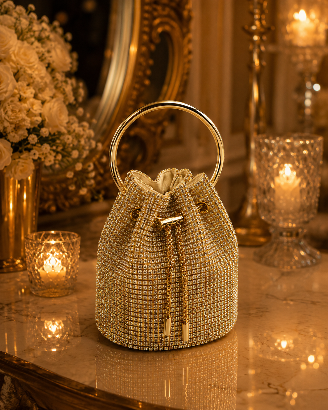 Luxury Gold Crystal Potli Clutch with Chain | Velour Vault