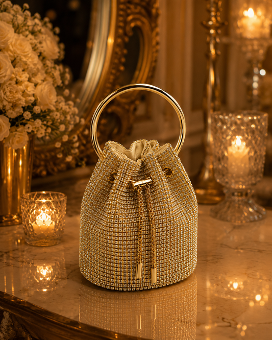 Luxury Gold Crystal Potli Clutch with Chain | Velour Vault