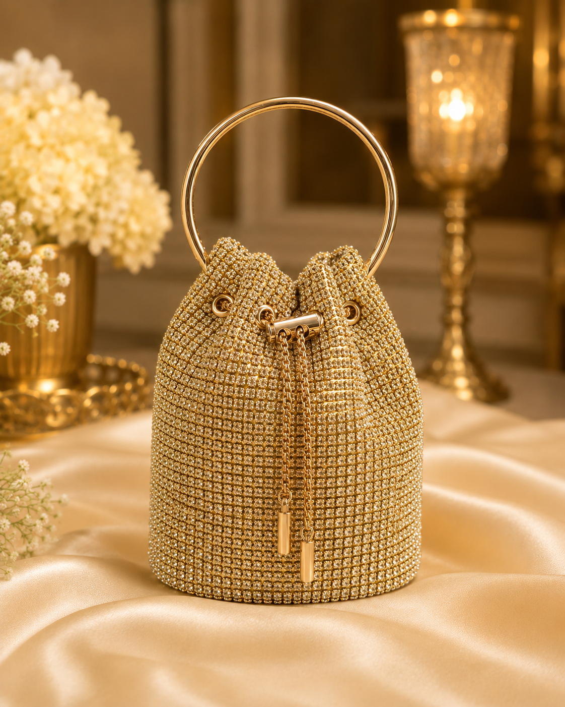 Luxury Gold Crystal Potli Clutch with Chain | Velour Vault