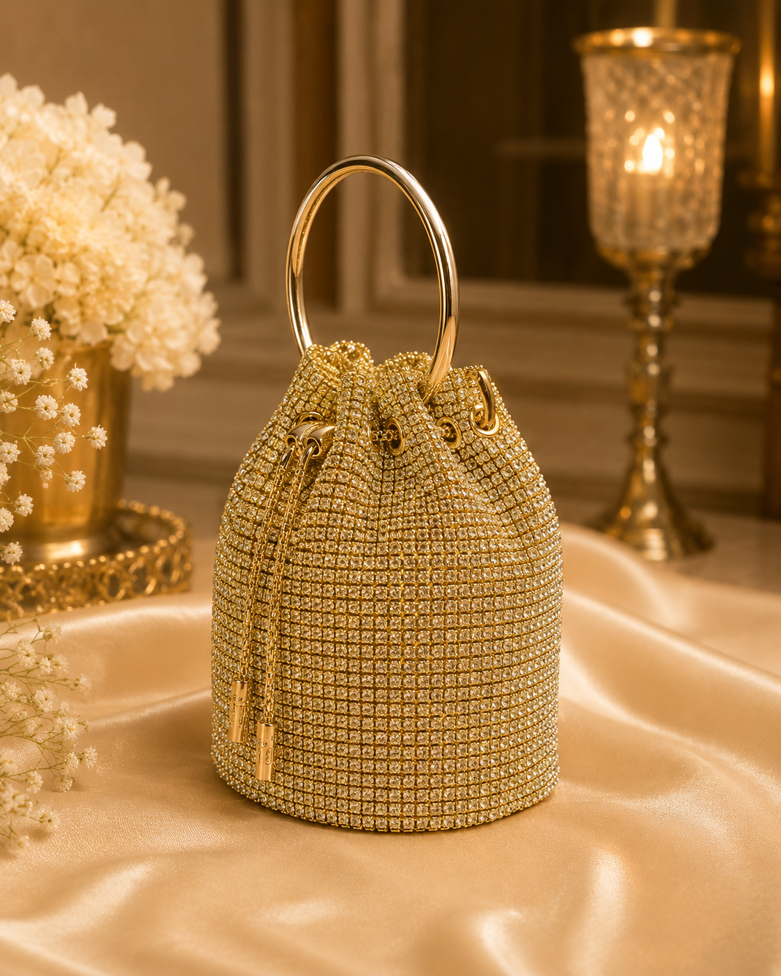 Luxury Gold Crystal Potli Clutch with Chain | Velour Vault