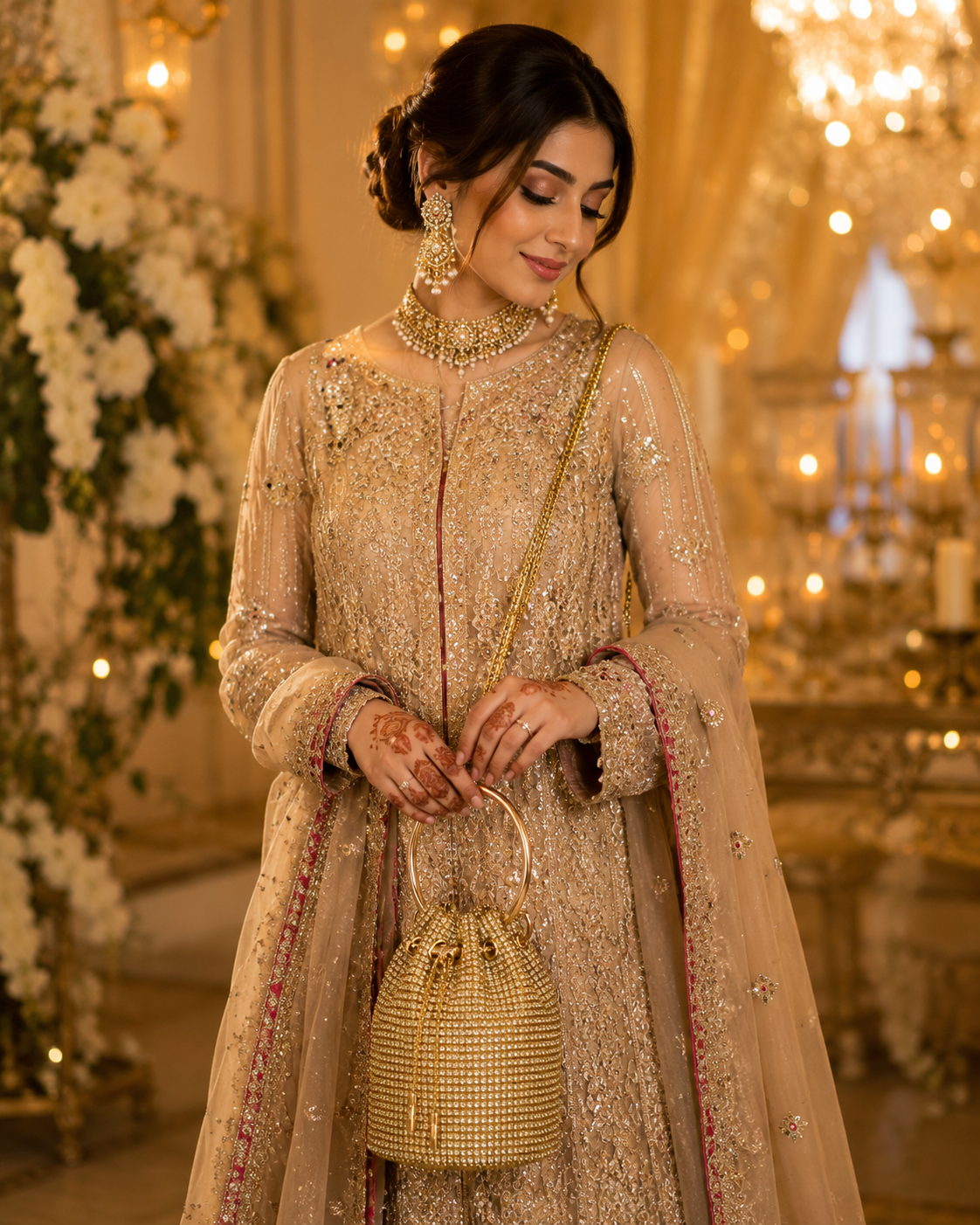 Luxury Gold Crystal Potli Clutch with Chain | Velour Vault