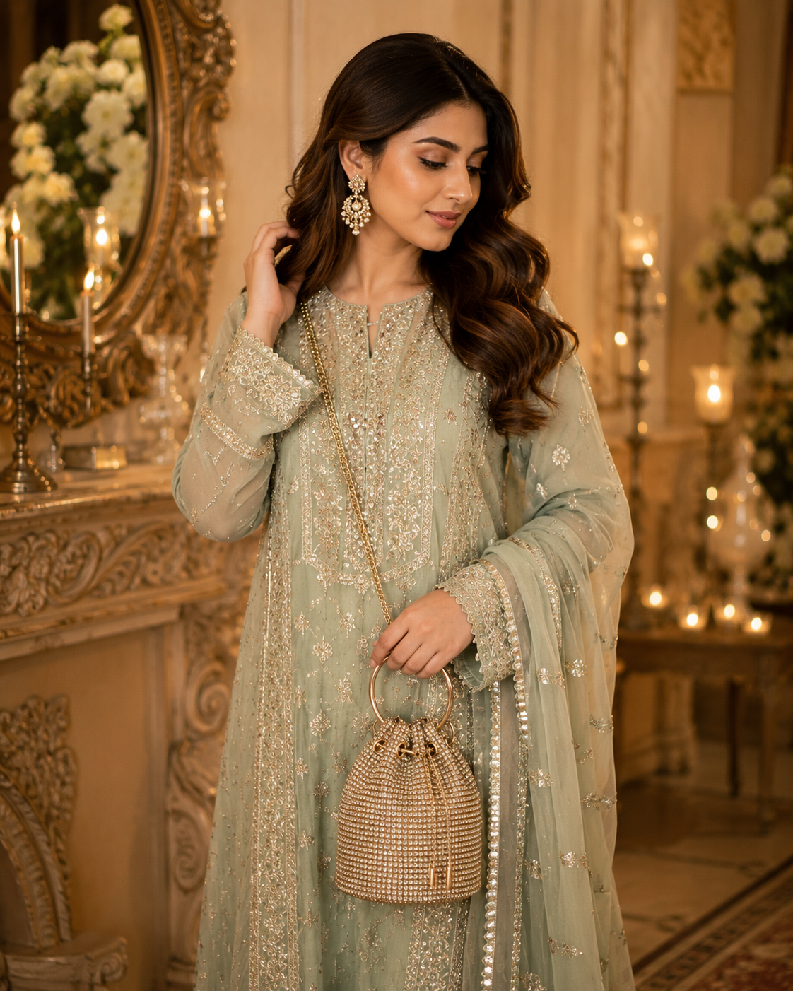 Luxury Gold Crystal Potli Clutch with Chain | Velour Vault