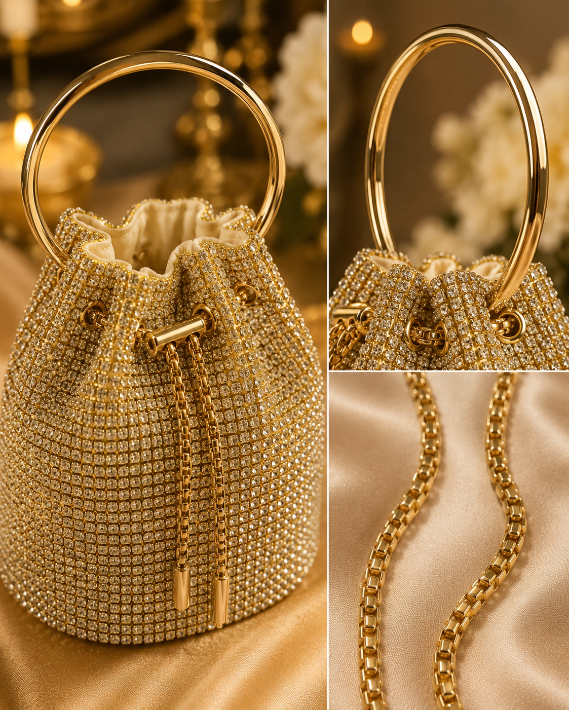 Luxury Gold Crystal Potli Clutch with Chain | Velour Vault