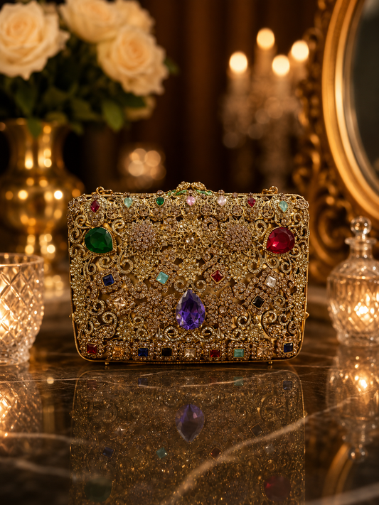 Luxury Royal Jewel Mini Metal Clutch with Chain | Wedding Clutch Pakistan