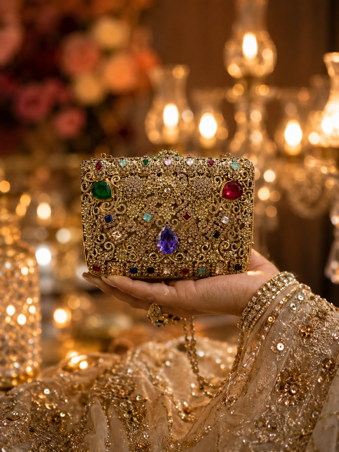 Luxury Royal Jewel Mini Metal Clutch with Chain | Wedding Clutch Pakistan