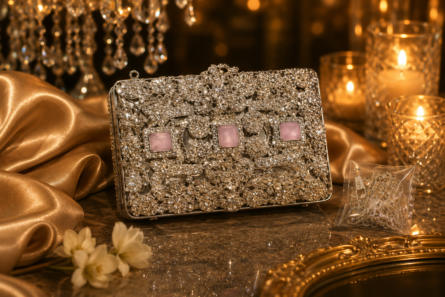 Luxury Blush Pink Crystal Mini Metal Clutch with Chain | Velour Vault Pakistan