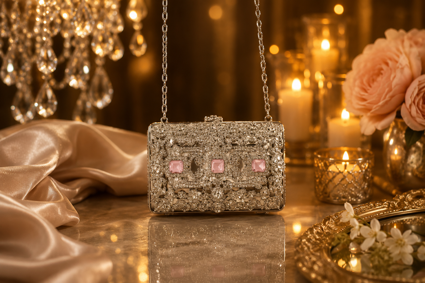 Luxury Blush Pink Crystal Mini Metal Clutch with Chain | Velour Vault Pakistan