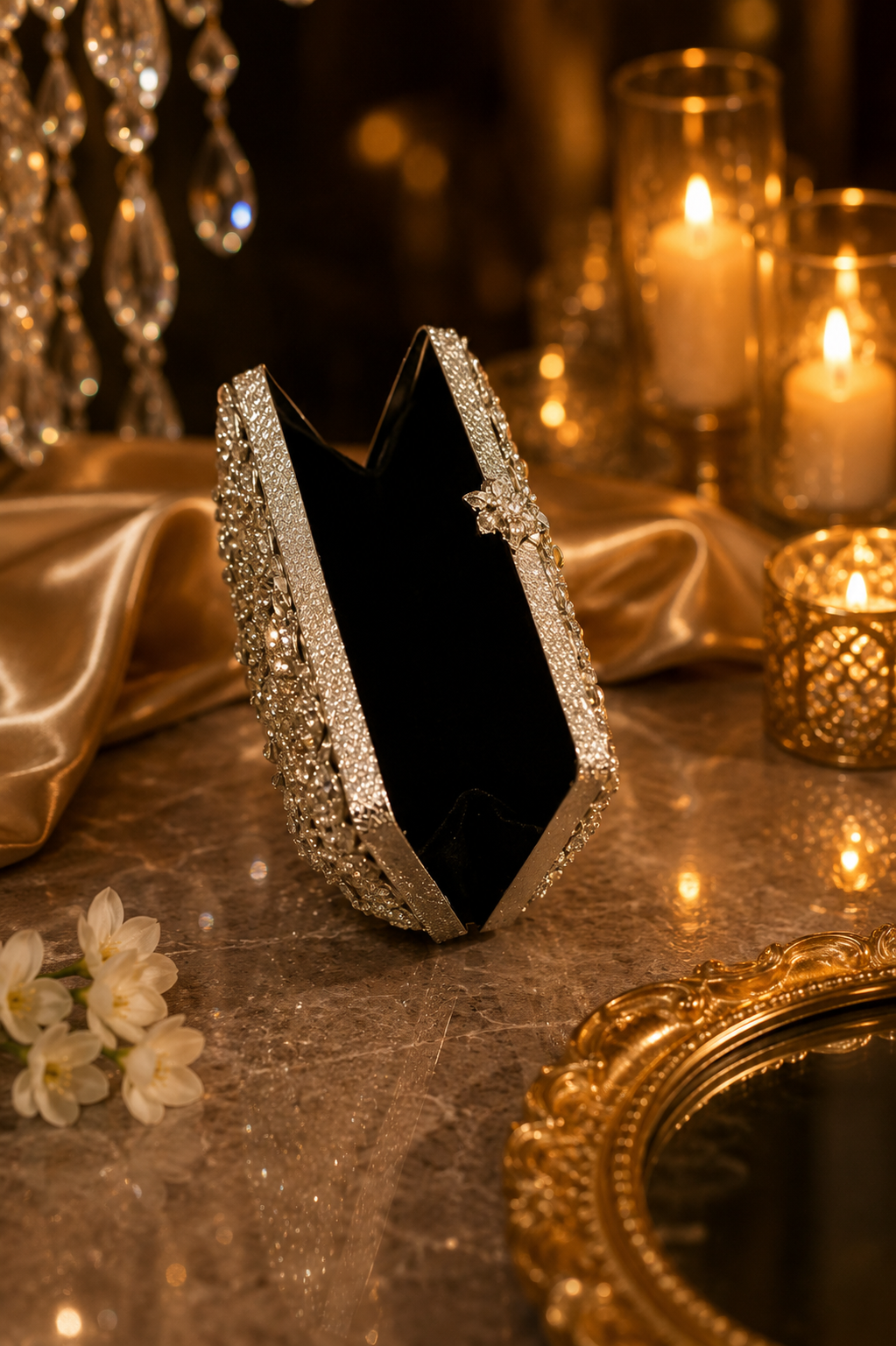 Luxury Blush Pink Crystal Mini Metal Clutch with Chain | Velour Vault Pakistan