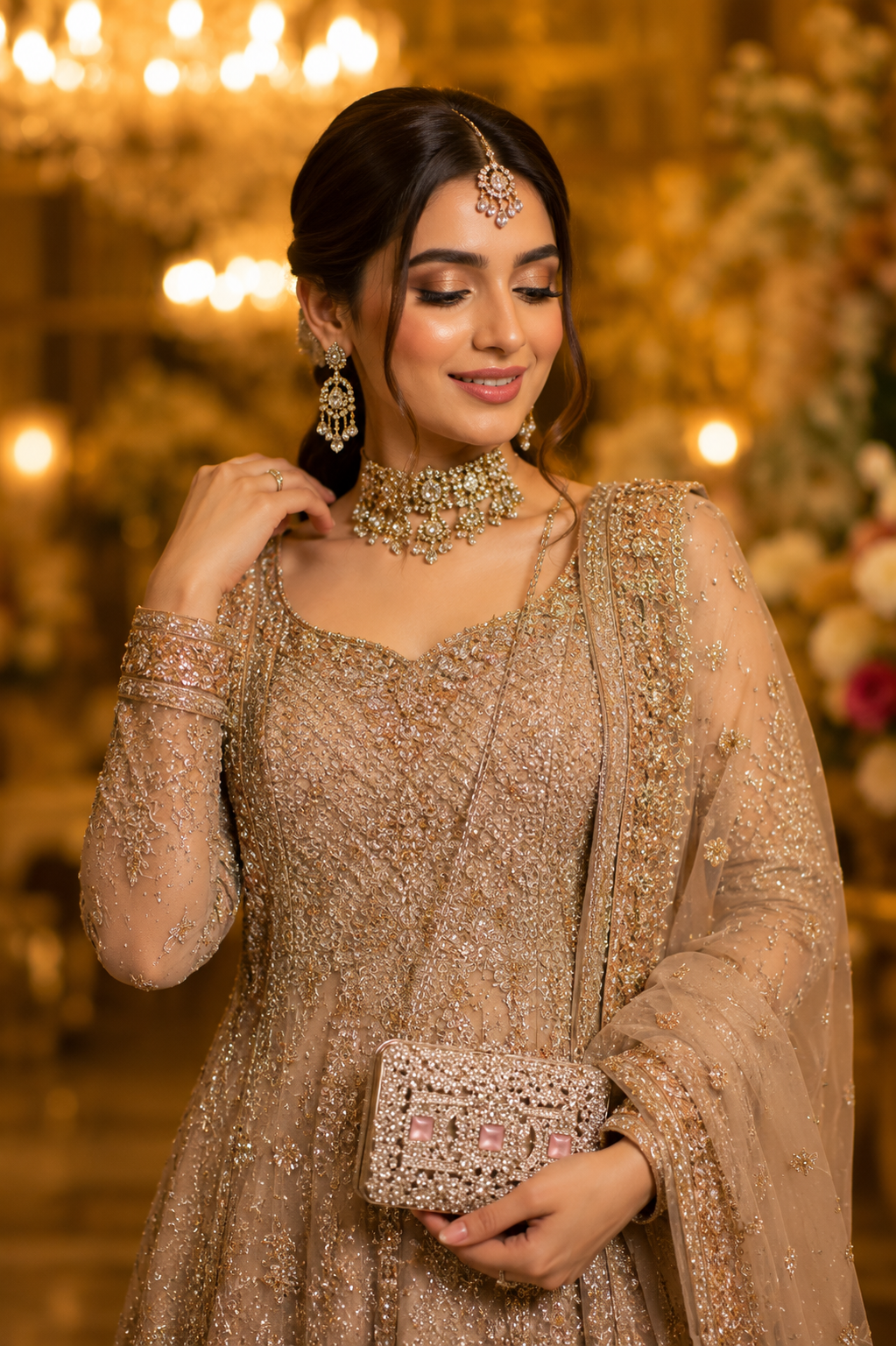 Luxury Blush Pink Crystal Mini Metal Clutch with Chain | Velour Vault Pakistan