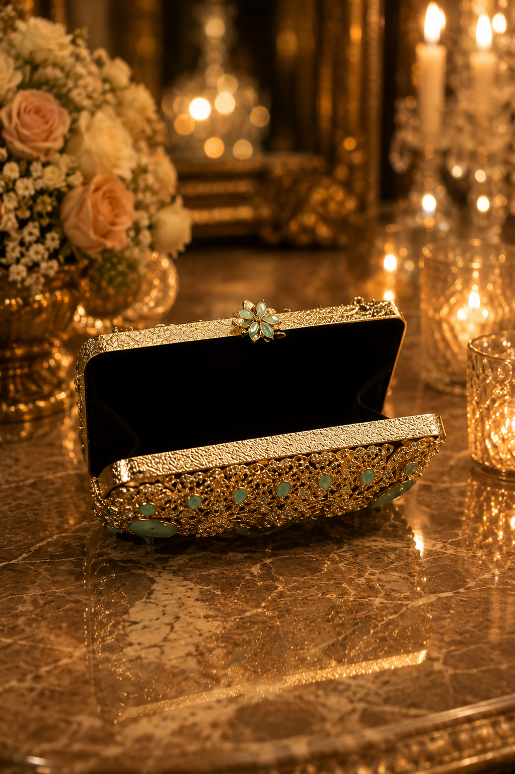 Luxury Mint Green Mini Metal Wedding Clutch with Chain | Velour Vault Pakistan