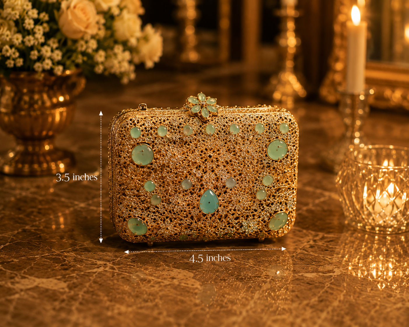 Luxury Mint Green Mini Metal Wedding Clutch with Chain | Velour Vault Pakistan