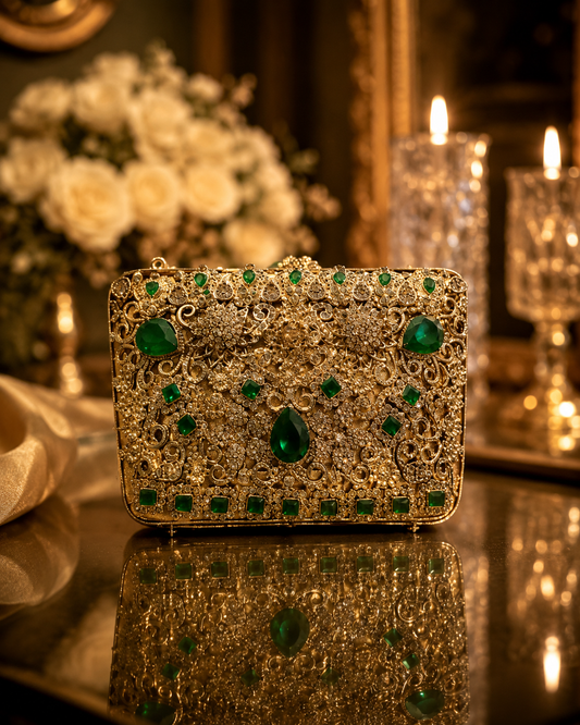Luxury Emerald Mini Metal Wedding Clutch with Chain | Velour Vault Pakistan