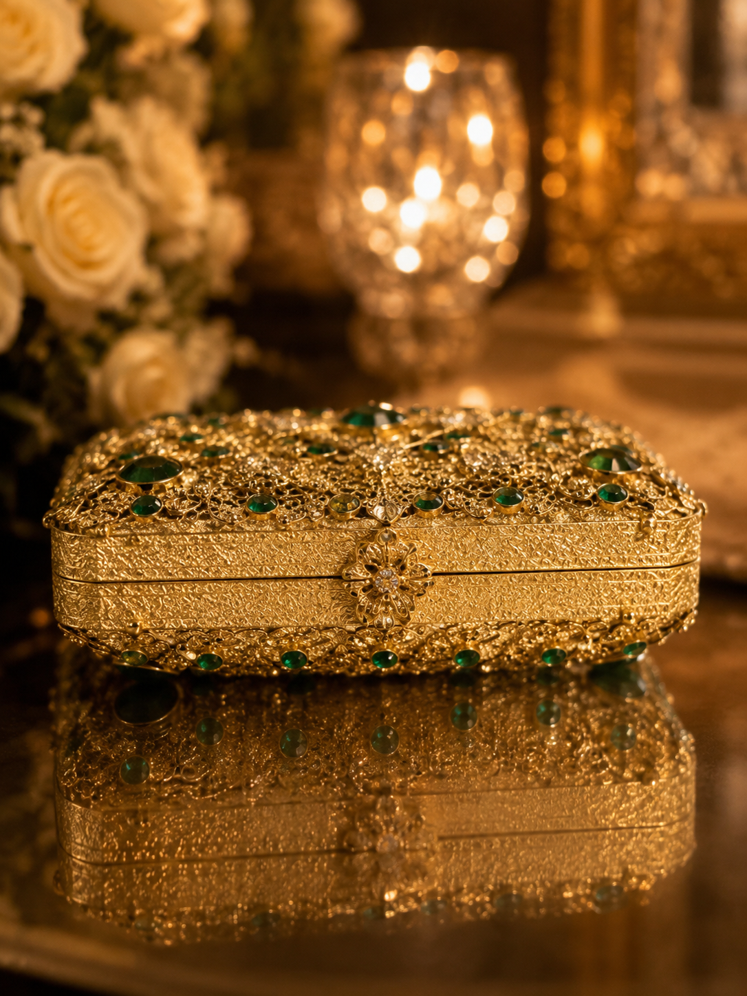 Luxury Emerald Mini Metal Wedding Clutch with Chain | Velour Vault Pakistan