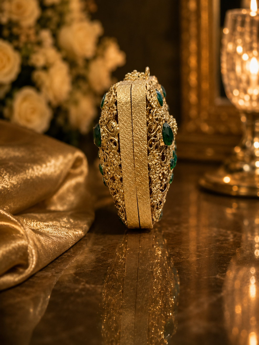 Luxury Emerald Mini Metal Wedding Clutch with Chain | Velour Vault Pakistan