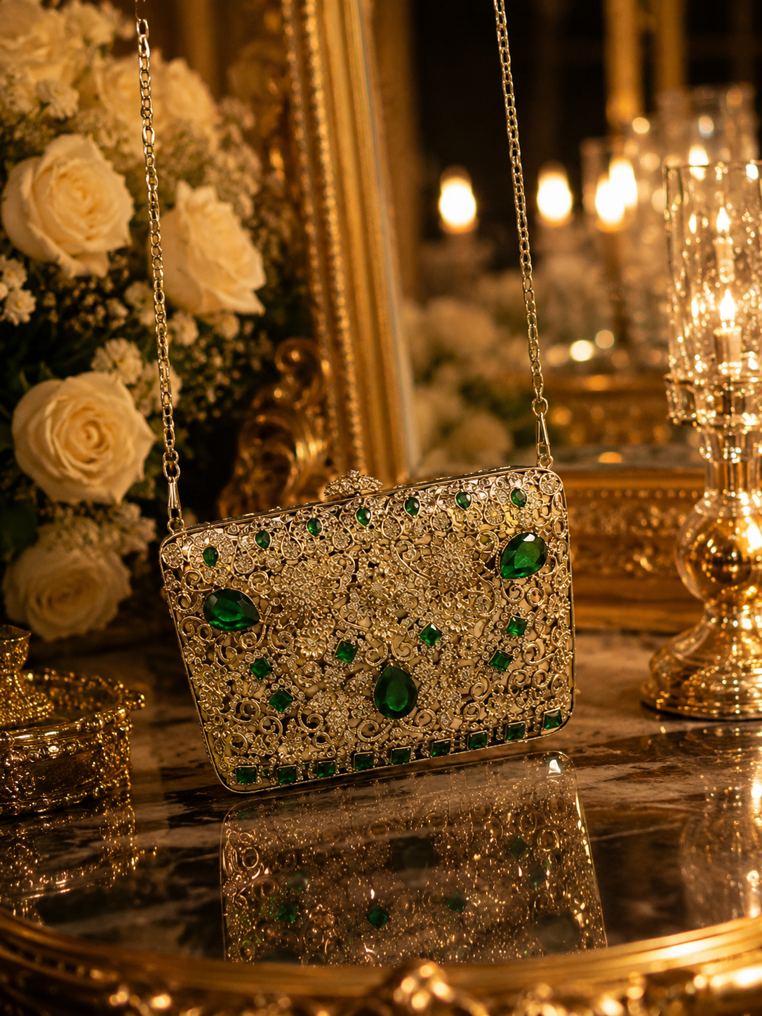 Luxury Emerald Mini Metal Wedding Clutch with Chain | Velour Vault Pakistan