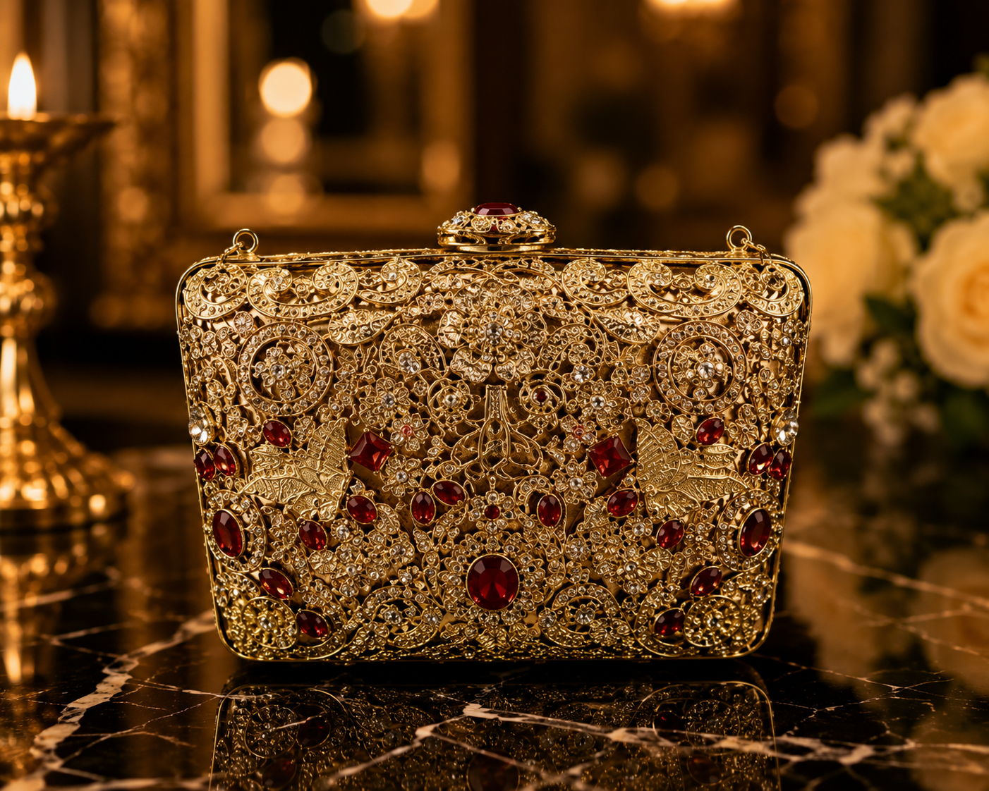Luxury Ruby Stone Mini Metal Wedding Clutch with Chain | Velour Vault Pakistan