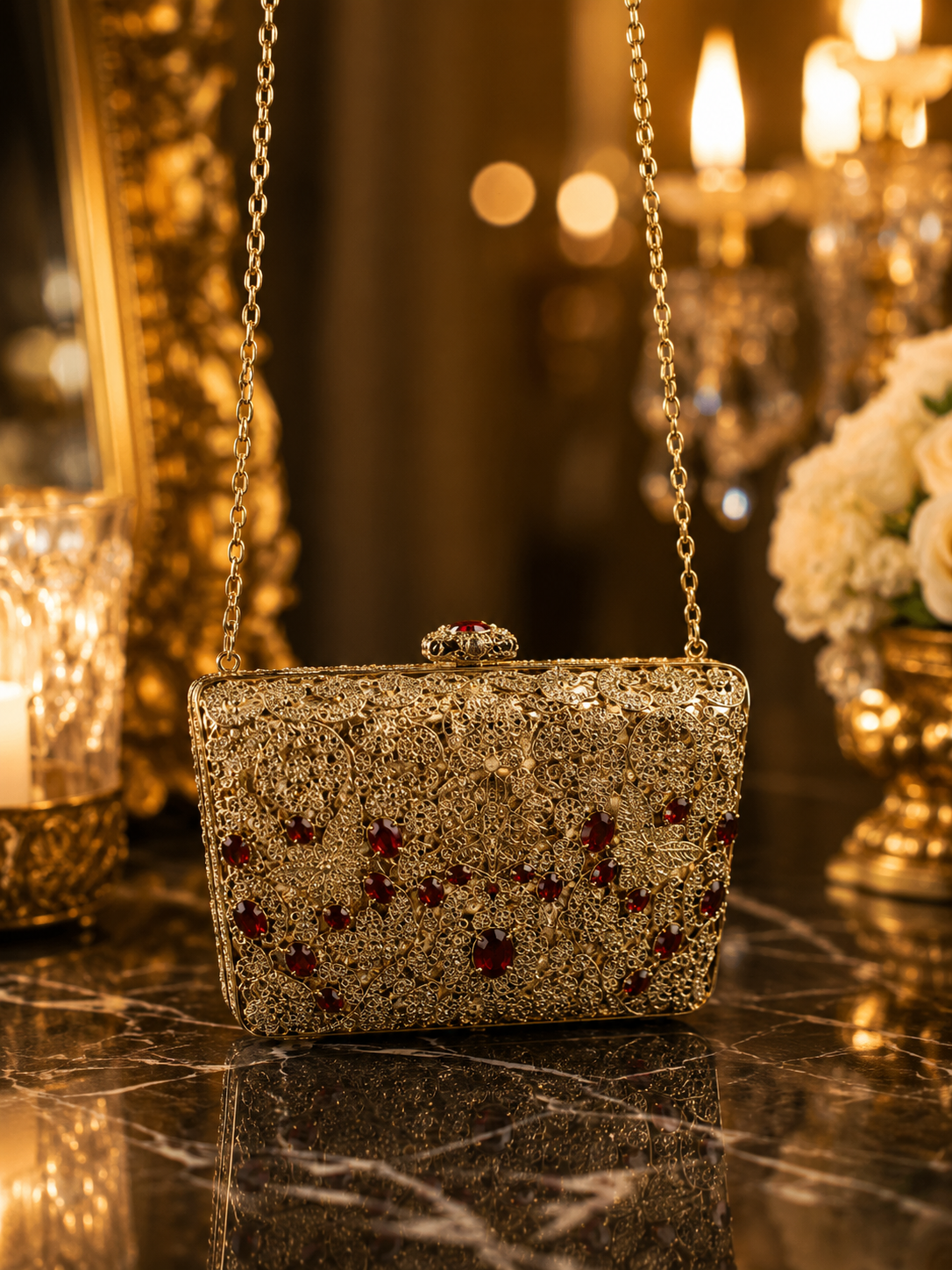 Luxury Ruby Stone Mini Metal Wedding Clutch with Chain | Velour Vault Pakistan