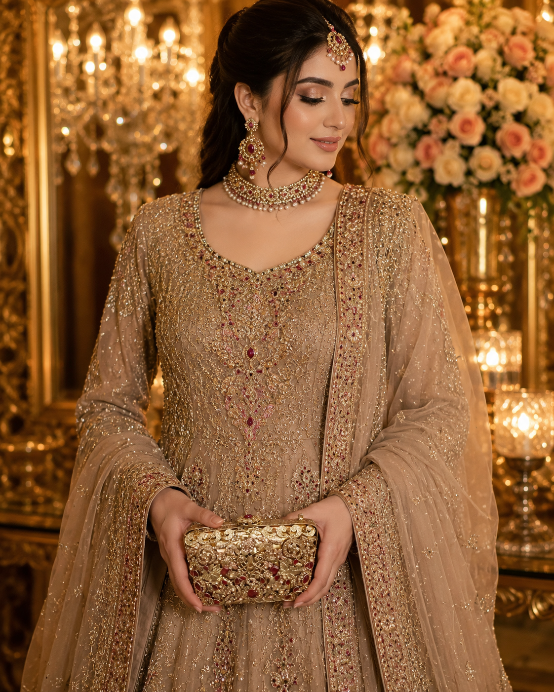 Luxury Ruby Stone Mini Metal Wedding Clutch with Chain | Velour Vault Pakistan