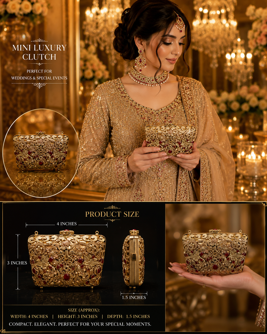 Luxury Ruby Stone Mini Metal Wedding Clutch with Chain | Velour Vault Pakistan