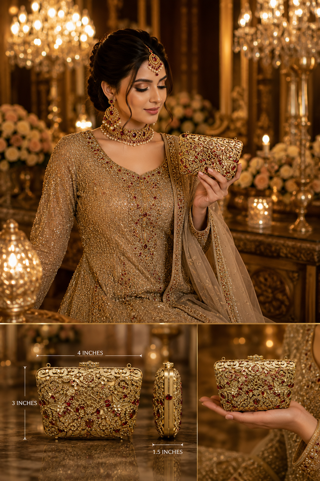 Luxury Ruby Stone Mini Metal Wedding Clutch with Chain | Velour Vault Pakistan