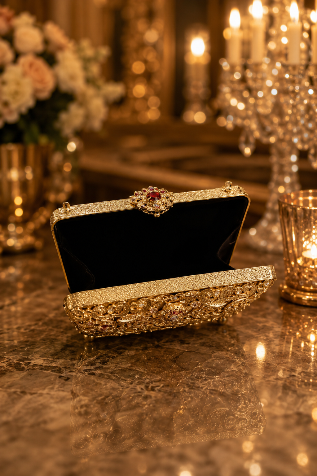 Luxury Ruby Stone Mini Metal Wedding Clutch with Chain | Velour Vault Pakistan