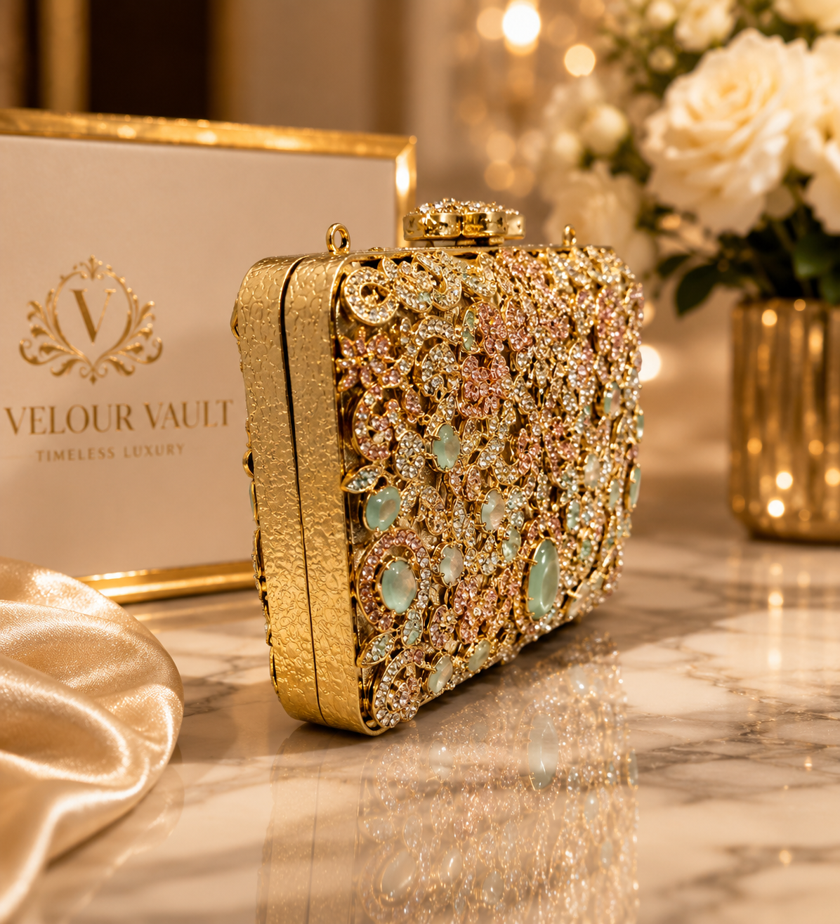 Luxury Mint Green Mini Metal Wedding Clutch with Chain | Velour Vault Pakistan