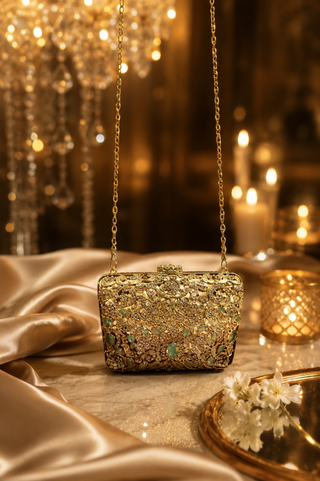 Luxury Mint Green Mini Metal Wedding Clutch with Chain | Velour Vault Pakistan