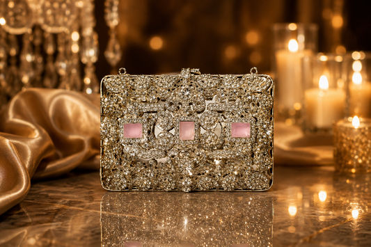Luxury Blush Pink Crystal Mini Metal Clutch with Chain | Velour Vault Pakistan